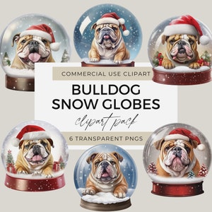 Bulldog Snow Globe Clipart, Clipart per uso commerciale, ClipArt di cane carino, PNG trasparente, ClipArt di Natale, Bulldog Natale