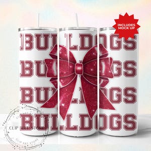 Bulldogs School Team Maskottchen Bow Tumbler Wrap, Roter Team Fußball, Jubeln, Schulgeist, Spieltag, Sport Mom Sublimation Design, 20 Unzen Skinny