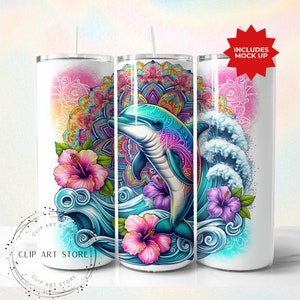 Involucro tumbler delfino, modelli di design a sublimazione tropicale, involucro tumbler floreale oceano spiaggia ibisco, download digitale, involucro tumbler da 20 once