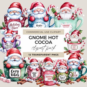 Watercolor Hot Cocoa Gnomes Clipart, Cute Christmas Gnomes Clipart, Festive Gnomes Clipart, Gnomes PNG, Holiday Sublimation Digital Files