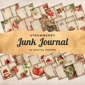 Strawberry Junk Journal Digital Paper, Strawberries JJ Kit, 6 Digital Journal Pages, Paper Craft, Collage Sheet 11 x 8.5, JJ002