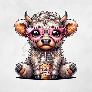 Cute Highland Cow Png, Sublimation Design, Coffee Addict Clipart, Cow Digital Image, Western Png, T-Shirt Design, Instant Download Png, DTF