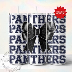 Panthers Schulteam Maskottchen Bogen Tumbler Wrap, schwarzer Team Fußball, Jubeln, Schulgeist, Spieltag, Sport Mom Sublimation Design, 20 Unzen dünn