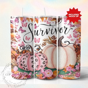 Pink Pumpkin Ribbon Awareness Breast Cancer Survivor Tumbler Wrap 20 oz Skinny Tumbler Sublimation Design Digital Download PNG Instant