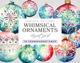 Whimsical Christmas Ornaments Clipart Pack, Clip Art for Commercial Use, Christmas PNG, Transparent PNG, Xmas Baubles, Whimsical Decorations