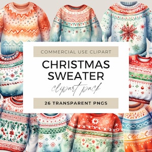 Pacchetto di clipart maglione di Natale, clipart per uso commerciale, maglione di Natale PNG, PNG trasparente, clip art di Natale, felpe lavorate a maglia di Natale