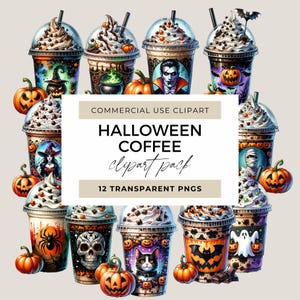 Halloween Coffee Clipart Set, Scary Gothic Watercolor Hot Coffee Drink Clipart Bundle, Spooky Season PNG, Pumpkin Designs Instant Download