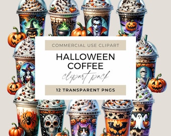 Conjunto de imágenes prediseñadas de café de Halloween, paquete de imágenes prediseñadas de bebida de café caliente de acuarela gótica aterradora, PNG de temporada espeluznante, diseños de calabaza para descargar al instante