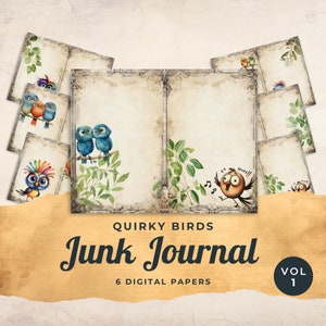 Quirky Birds Junk Journal Digital Paper, Funny Birds, 6 Digital Journal Pages, Paper Craft, Collage Sheet 11 x 8.5, JJ001