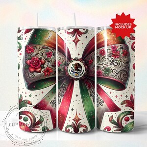 Latino Sublimation Tumbler Design, Mexican Flag Coquette Bow 20oz Tumbler Wrap PNG, Mexican Flag Art Latino PNG, Skinny Tumbler Download