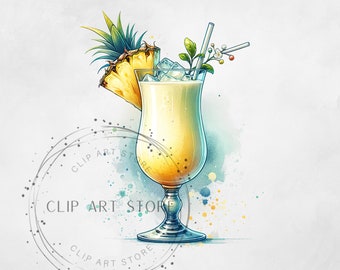 Pina Colada Cocktail Illustration PNG, Illustrative designs, Custom Signature Cocktail Design, Menu Stationery, Watercolor Clipart