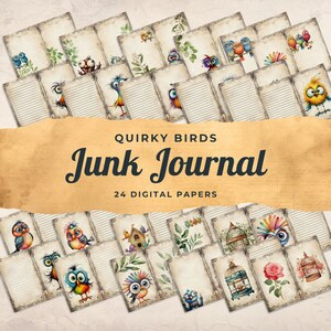Quirky Birds Junk Journal Digital Paper, Funny Birds, 24 Digital Journal Pages, Paper Craft, Collage Sheet 11 x 8.5, JJ001
