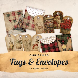 Christmas Junk Journal Tags & Mini Envelopes, Xmas Extras Pack, Digital, Printable Ephemera, Paper Craft, Collage Sheet 11 x 8.5, JJ008