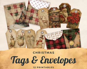 Christmas Junk Journal Tags & Mini Envelopes, Xmas Extras Pack, Digital, Printable Ephemera, Paper Craft, Collage Sheet 11 x 8.5, JJ008