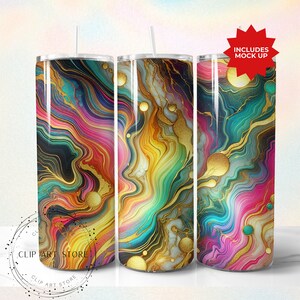 Rainbow Tumbler Wrap, Marble Neon Colors and Gold Glitter, 20oz Tumbler Sublimation Design PNG, Alcohol Ink Tumbler PNG File