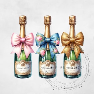 Watercolor Champagne Bottles with Coquette Bows, Social Club Watercolor Design, Preppy Design, Sublimation Design, Grandmillennial PNG