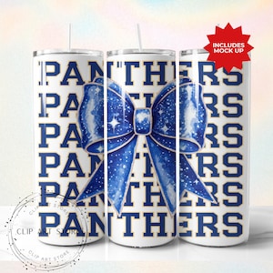 Panthers Schulteam Maskottchen Bogen Tumbler Wrap, Blau Team Football, Jubeln, Schulgeist, Spieltag, Sport Mom Sublimation Design, 20 Unzen Skinny