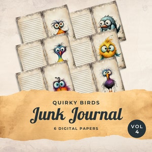Quirky Birds Junk Journal Digital Paper, Funny Birds, 6 Digital Journal Pages, Paper Craft, Collage Sheet 11 x 8.5, JJ001