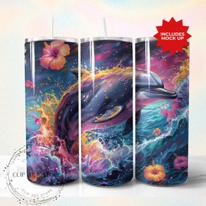 Delphin Tumbler Wrap, tropische Sublimationsdesignvorlagen, Hibiskus Floral Ocean Beach Tumbler Wrap, digitaler Download, 20 Unzen Tumbler Wrap