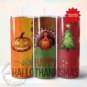 Happy Hallothanksmas 20 oz Skinny Tumbler Halloween PNG, Sublimation Design DIGITAL, Christmas png, Thanksgiving PNG, Funny Holiday Design