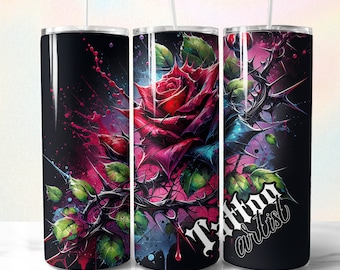 Artista del tatuaje 20oz Skinny Tumbler Wrap, Diseño de sublimación entintado, Vaso recto, Descarga digital instantánea PNG, Envoltura del vaso del tatuador