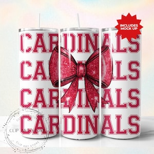 Cardinals School Team Maskottchen Bogen Tumbler Wrap, Roter Team Fußball, Jubeln, Schulgeist, Spieltag, Sport Mom Sublimation Design, 20 Unzen Skinny