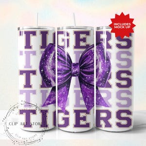 Tigers School Team Maskottchen Bow Tumbler Wrap, lila Team Football, Beifall, Schulgeist, Spieltag, Sport Mom Sublimation Design, 20 Unzen Skinny