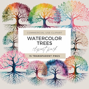 Watercolor Tree with Roots Clipart, Forest Tree Scrapbooking Clipart Set, Family Tree PNG Bundle, Nature Tree Sublimation Png Designs