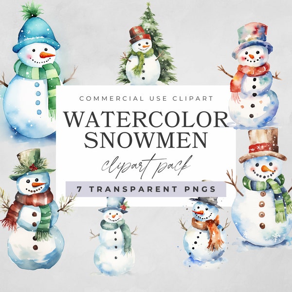 Watercolor Snowman Clipart Pack, Clipart for Commercial Use, Christmas PNG, Transparent PNG, Cute Watercolor Snowmen, Xmas Graphics