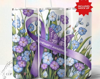 Envoltorio para vaso de concientización sobre la enfermedad de Alzheimer, archivo PNG de vaso delgado de 20 oz, diseño de sublimación Forget Me Not, guerrero de la enfermedad de Alzheimer