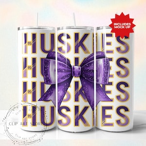 Huskies Schulteam Maskottchen Bow Tumbler Wrap, Lila Team Football, Jubeln, Schulgeist, Spieltag, Sport Mom Sublimation Design, 20 Unzen Skinny