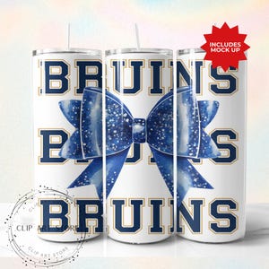 Bruins School Team Maskottchen Bow Tumbler Wrap, Blau Team Football, Jubeln, Schulgeist, Spieltag, Sport Mom Sublimation Design, 20 Unzen Skinny