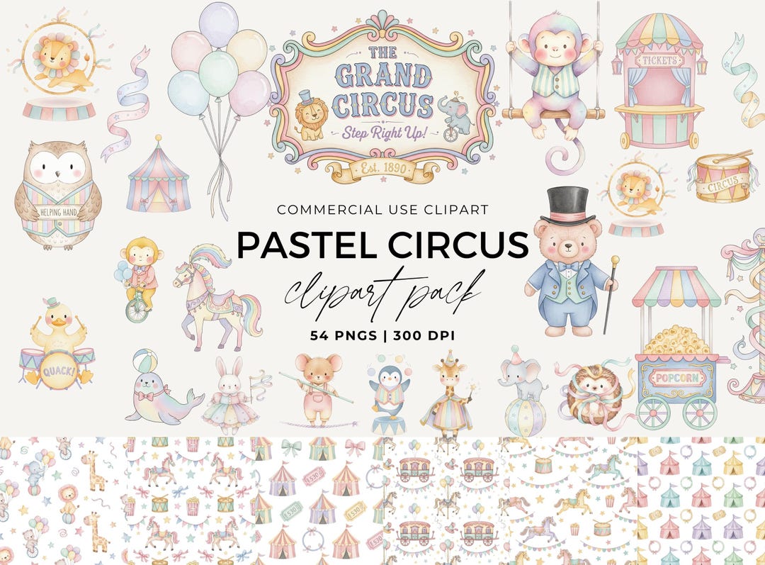 Pastel Circus Nursery Clipart, Watercolor Circus Animals PNG Bundle ...