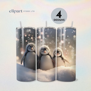 ペンギン タンブラー ラップ、20 オンス スキニー タンブラー昇華テンプレート、PNG デジタル ダウンロード、ペンギン、雪の降るクリスマス、冬、スカーフ