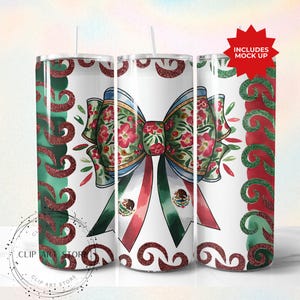 Latino Sublimation Tumbler Design, Mexican Flag Coquette Bow 20oz Tumbler Wrap PNG, Mexican Flag Art Latino PNG, Skinny Tumbler Download