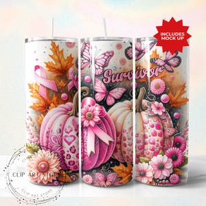 Pink Pumpkin Ribbon Awareness Breast Cancer Survivor Tumbler Wrap 20 oz Skinny Tumbler Sublimation Design Digital Download PNG Instant