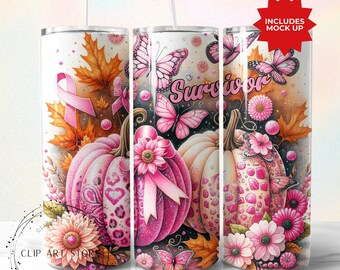 Envoltura para vaso con lazo de calabaza rosa para concientizar sobre el cáncer de mama, vaso delgado de 20 oz, diseño de sublimación, descarga digital PNG instantánea