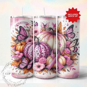 Pink Pumpkin Ribbon Awareness Breast Cancer Survivor Tumbler Wrap 20 oz Skinny Tumbler Sublimation Design Digital Download PNG Instant