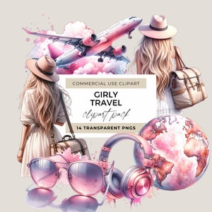 Girly Travel Clipart, Pink Travel Clip Art, Watercolor Traveler Girl, Feminine Travel PNG, Summer Design, Chic Travel Clipart