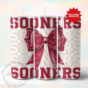 Sooners School Team Mascot Bow Tumbler Wrap, time vermelho de futebol, torcida, espírito escolar, dia de jogo, design de sublimação para mãe esportiva, 20 onças Skinny