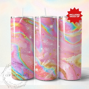 Rainbow Tumbler Wrap, Marble Neon Colors and Gold Glitter, 20oz Tumbler Sublimation Design PNG, Alcohol Ink Tumbler PNG File