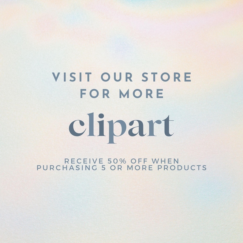 K&ouml;nnte beinhalten: Text&uuml;berlagerung auf einem hellblauen, rosa und wei&szlig;en Hintergrund mit einem Verlaufseffekt. Der Text lautet "VISIT OUR STORE FOR MORE clipart RECEIVE 50% OFF WHEN PURCHASING 5 OR MORE PRODUCTS".