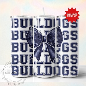 Bulldogs School Team Maskottchen Bow Tumbler Wrap, Blue Team Football, Beifall, Schulgeist, Spieltag, Sport Mom Sublimation Design, 20 Unzen Skinny