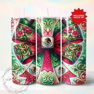 Latino Sublimation Tumbler Design, Mexican Flag Coquette Bow 20oz Tumbler Wrap PNG, Mexican Flag Art Latino PNG, Skinny Tumbler Download