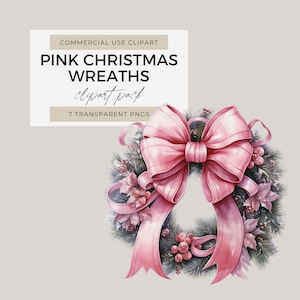 Pink Christmas Wreath Clipart Pack, Clipart for Commercial Use, Cute Xmas Wreath, Transparent PNG, Christmas Clip Art, Pink Holiday Clipart