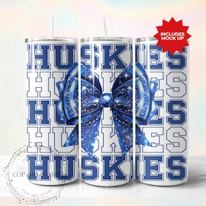 Huskies School Team Mascot Bow Tumbler Wrap, Blue Team Football, Cheer, School Spirit, Game Day, Sport Mom Sublimatie Ontwerp, 20oz Skinny