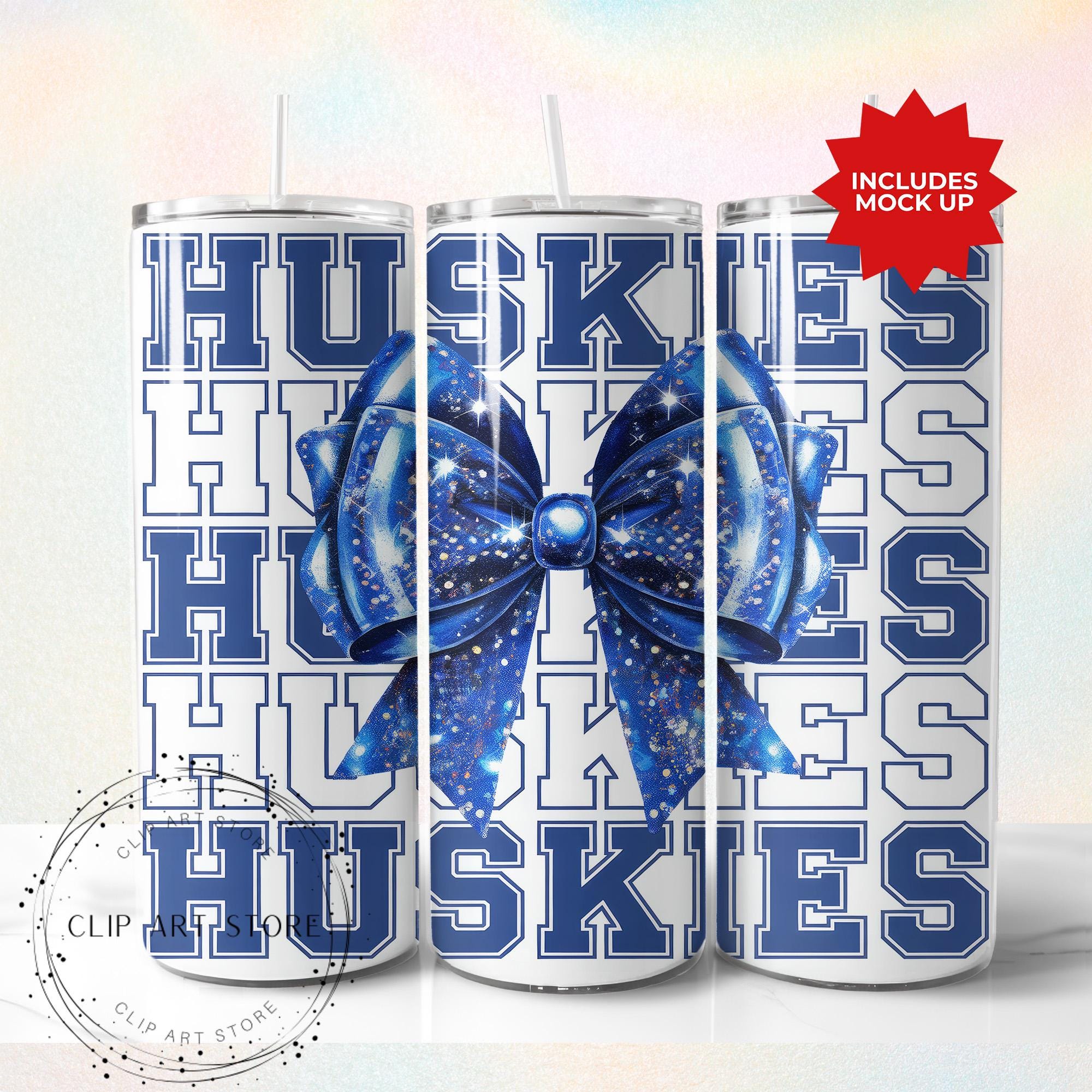 Huskies Schulteam Maskottchen Bow Tumbler Wrap, Blau Team Football, Jubeln, Schulgeist, Spieltag, Sport Mom Sublimation Design, 20 Unzen Skinny