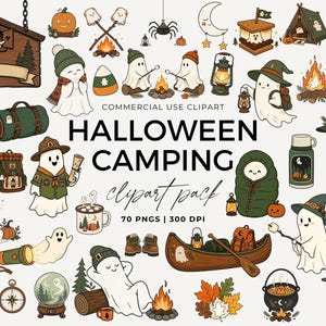 Images clipart d'Halloween sur le thème du camping, fantômes mignons en camping (PNG), fantômes effrayants autour d'un feu de camp, graphismes chaleureux pour le camping d'automne
