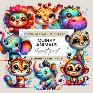 Quirky Animals PNG, Clipart Bundle, Whimsical Safari Animals, Sublimation, Clip Art Whimsy Nursery, Party Graphics, Silly Illustration
