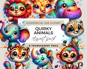 Quirky Animals PNG, Clipart Bundle, Whimsical Safari Animals, Sublimation, Clip Art Whimsy Nursery, Party Graphics, Silly Illustration
